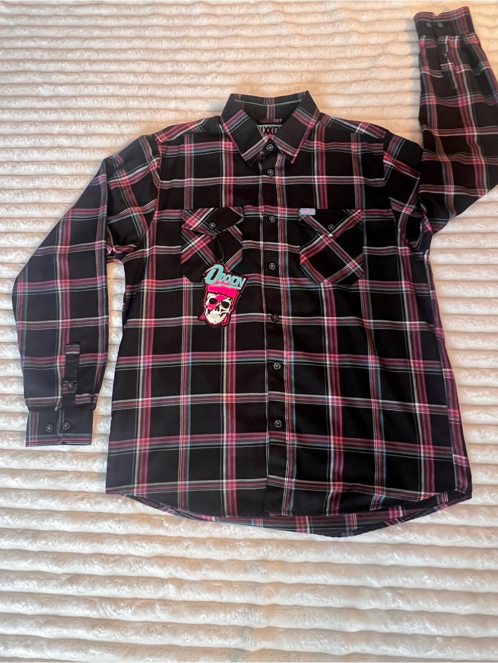 DIXXON “ David Bowie” Black Plaid Button-Down Shirt with Pink Accents